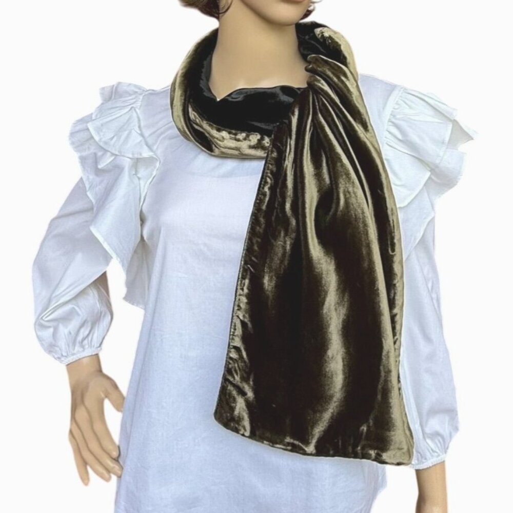 Vintage Summer Tompkins Reversible Velvet Scarf 61in Long Black and Olive Green